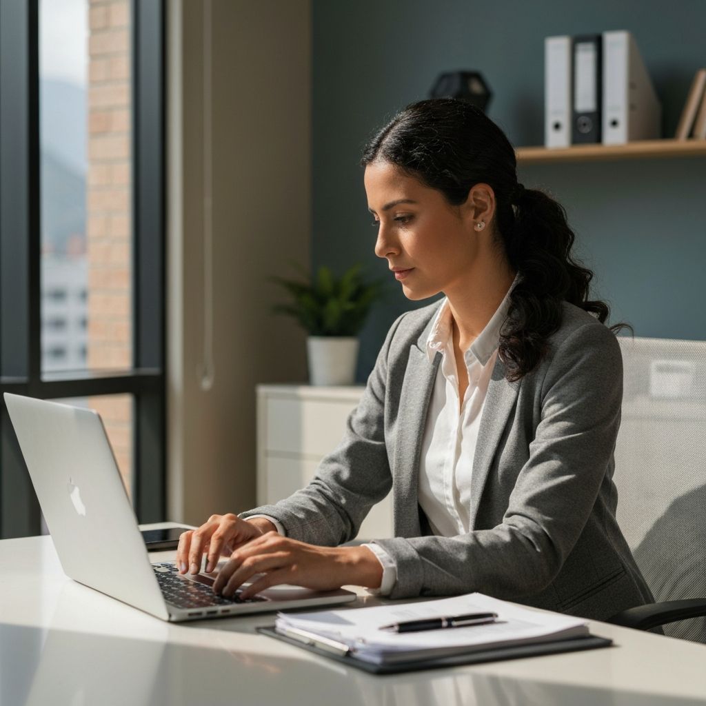 Profesional administrativa trabajando en entorno corporativo en Medellin